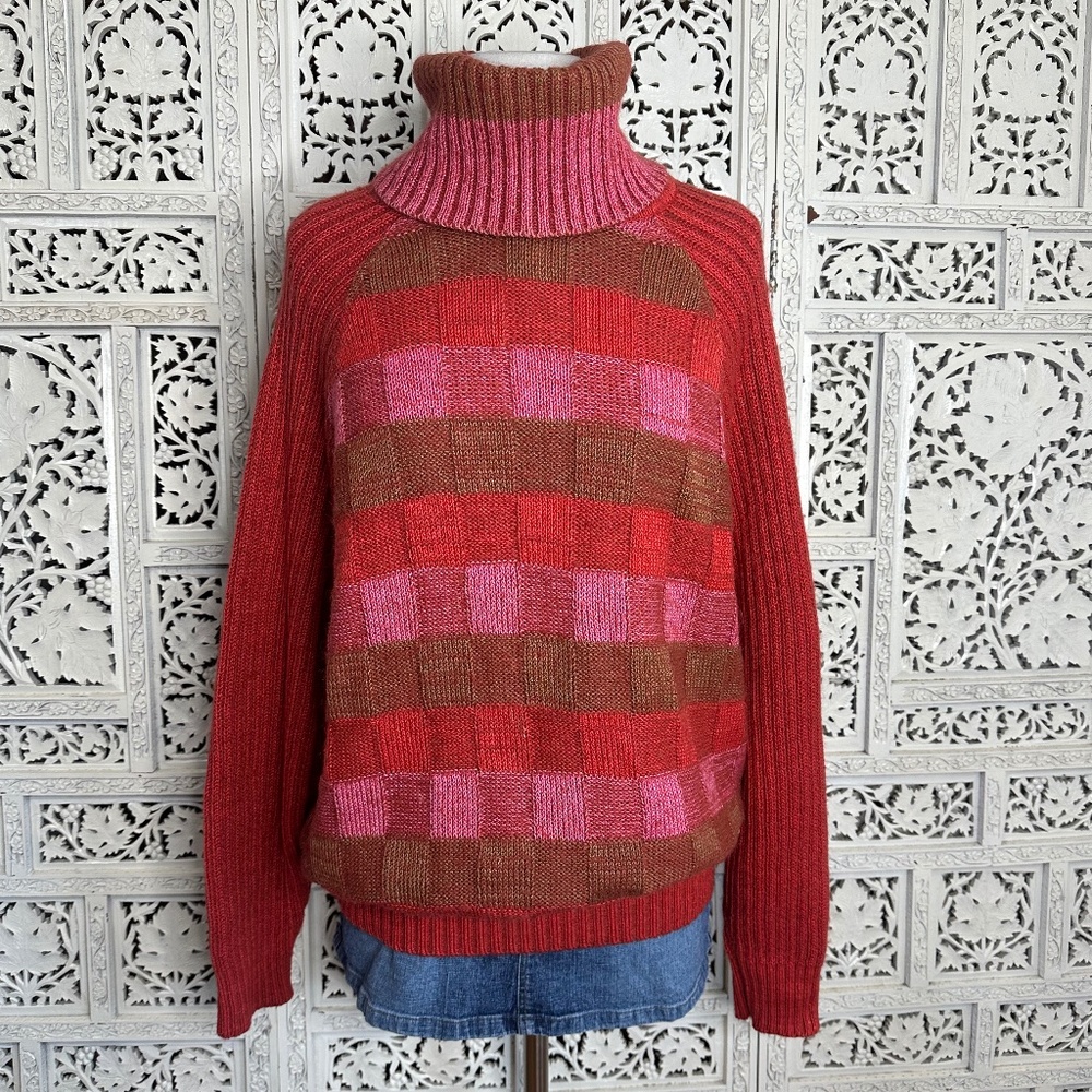 Vtg Marina‎ Yachting Wool Blend Pink & Red Checkered Chunky Turtleneck Sweater